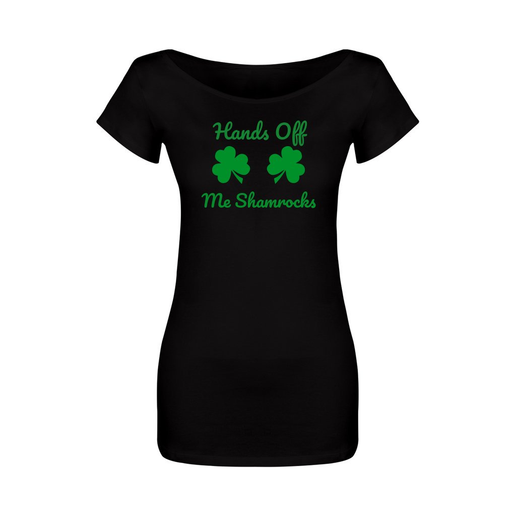 Image of Black Woman's Off the shoulder Top with the words Hands Off Me Shamrocks in green with two appropriately places green shamrocks.